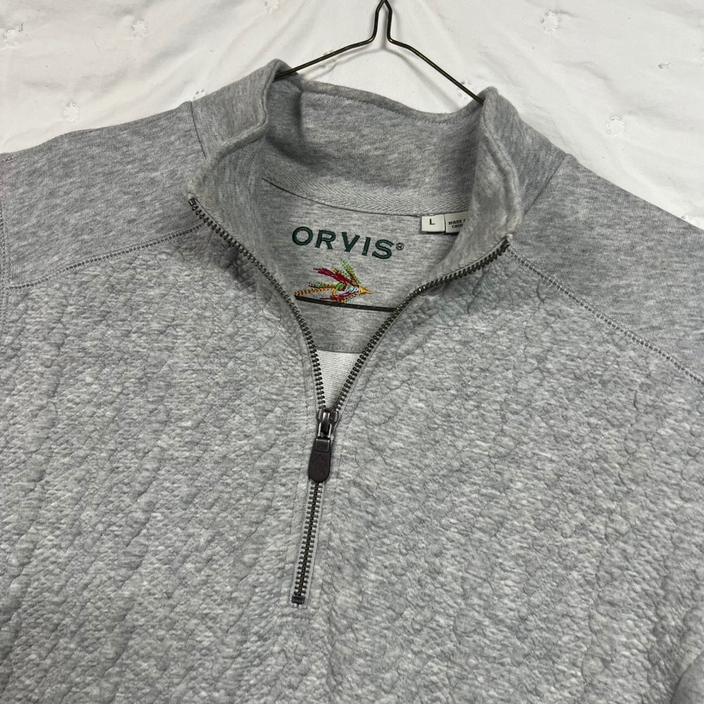 Orvis Mens Large Gray Quilted Quarter Zip Pullover Sweatshirt Mock Neck Fly Logo